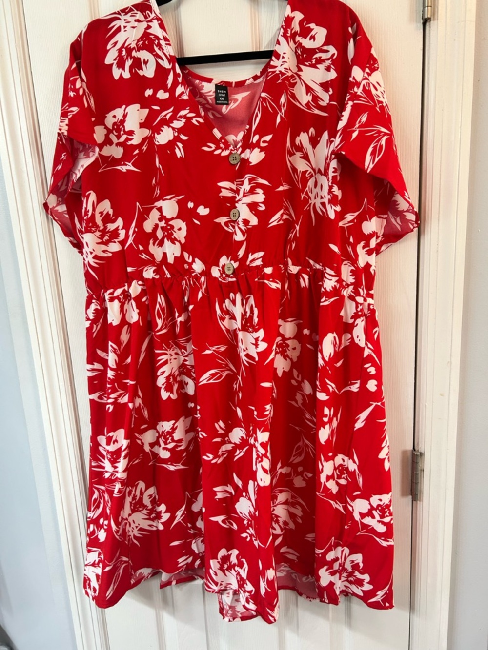 Red Floral Faux Button-Front Dress